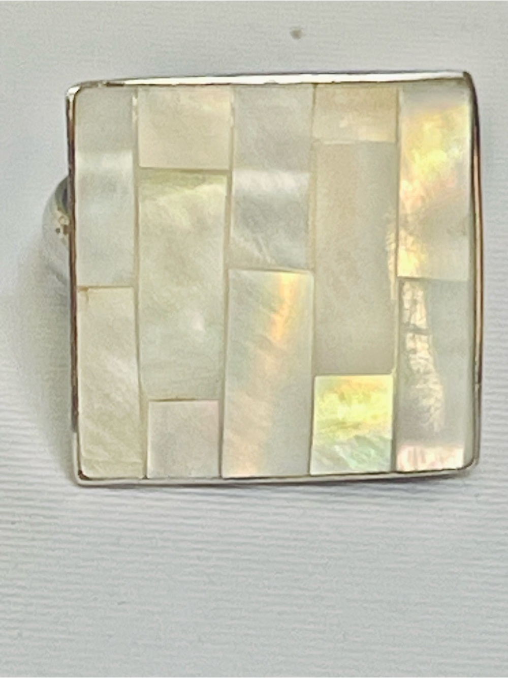 VTG silver-tone mother of pearl mosaic ring Adjustable